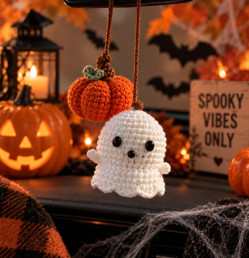 Crochet Ghost & Pumpkin Car Mirror Hanger