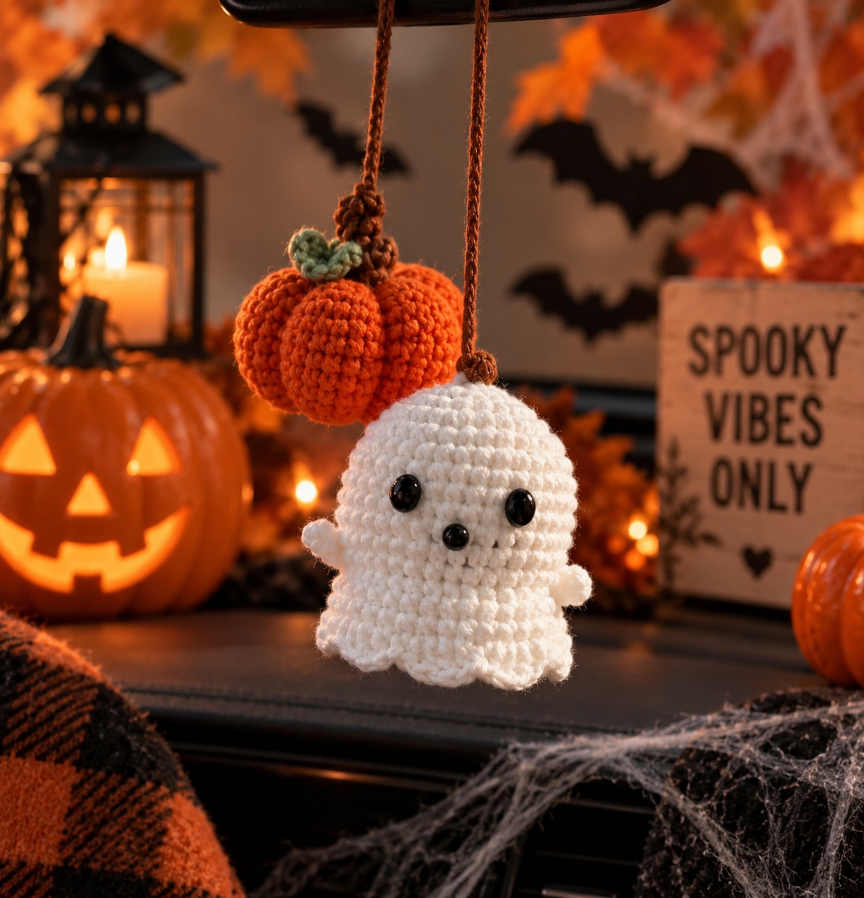 Crochet Ghost & Pumpkin Car Mirror Hanger
