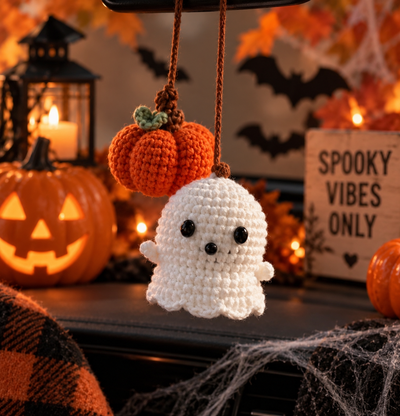 Crochet Ghost & Pumpkin Car Mirror Hanger