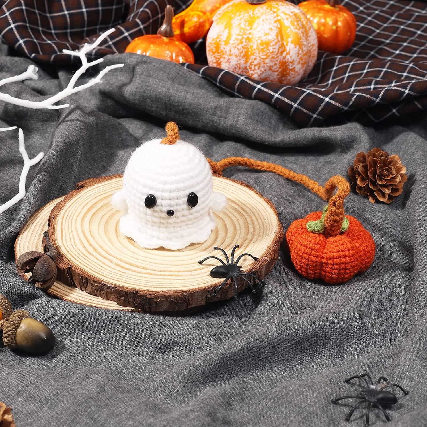 Crochet Ghost & Pumpkin Car Mirror Hanger