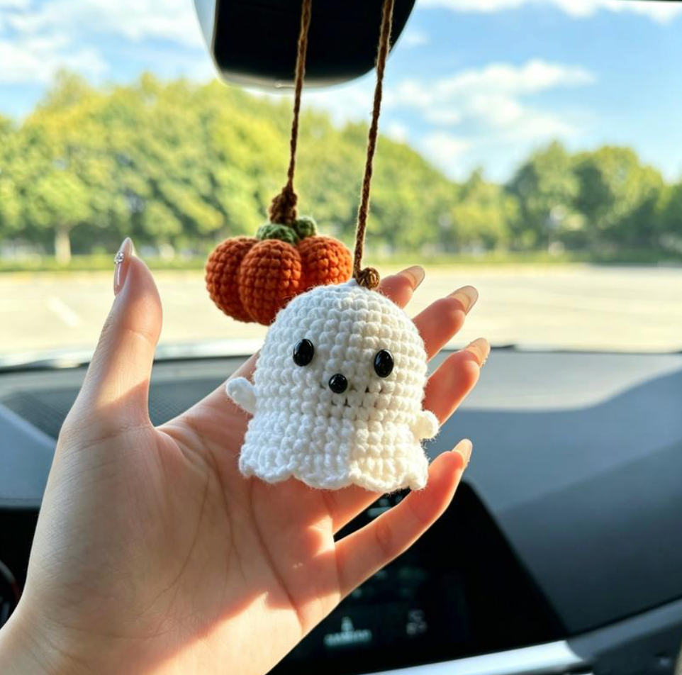 Crochet Ghost & Pumpkin Car Mirror Hanger
