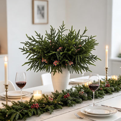 Norfolk pine stems as a dining table centerpiece
