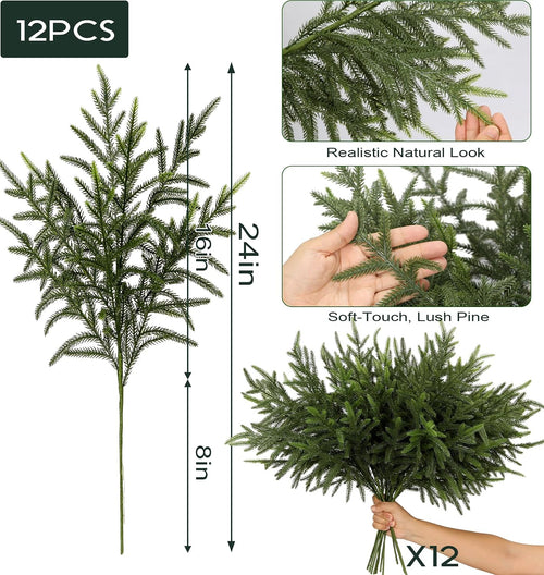 Revheria Norfolk Pine Stems | 12-Pack 24 in Faux Christmas Greenery Branches